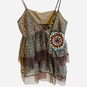 Y2K Babydoll Top Womens 10 Medium Mesh Embroidered Tank Cami Boho Fairy Festival